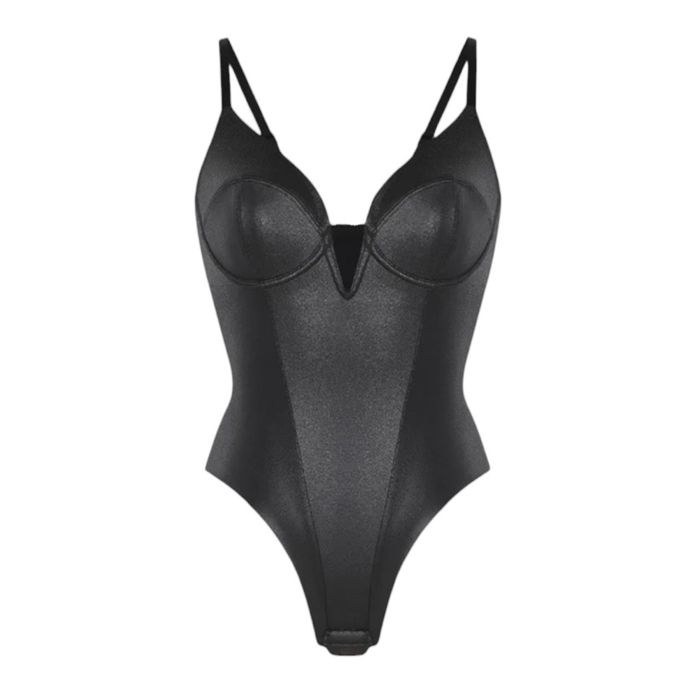 NWT Popilush Leather Bodysuit Shapewear Deep V Women’s XL - Black